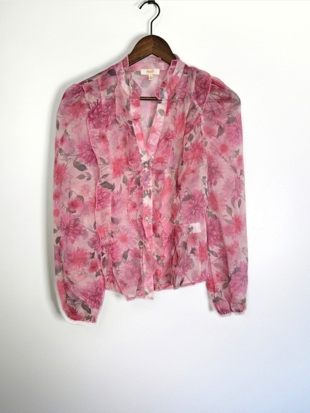 Sheer Pink Floral Ruffle Front Blouse With Pearl Buttons By Peach - Women Size S